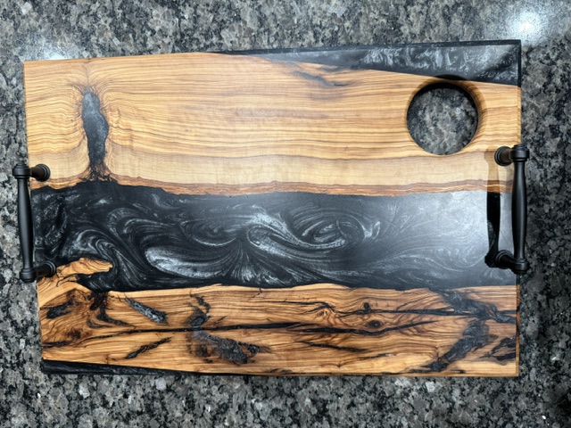 Finished handled serving tray with dark resin swirls